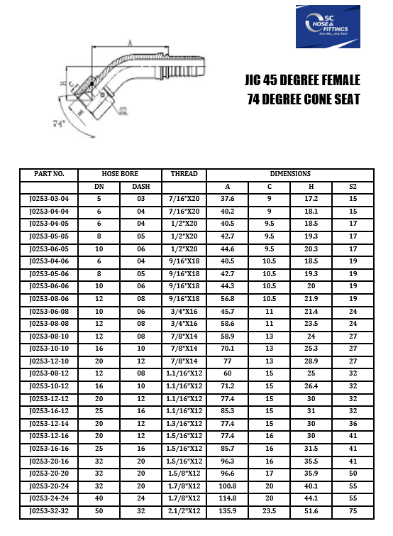 J0253 - Stem Swept 45* - JIC Female Swivel