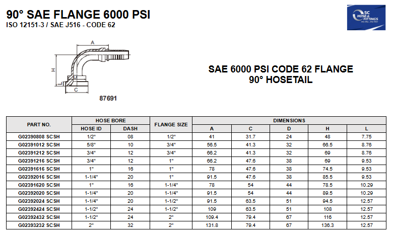 G0239 - SAE Code 62 Flange 90* 6000 PSI