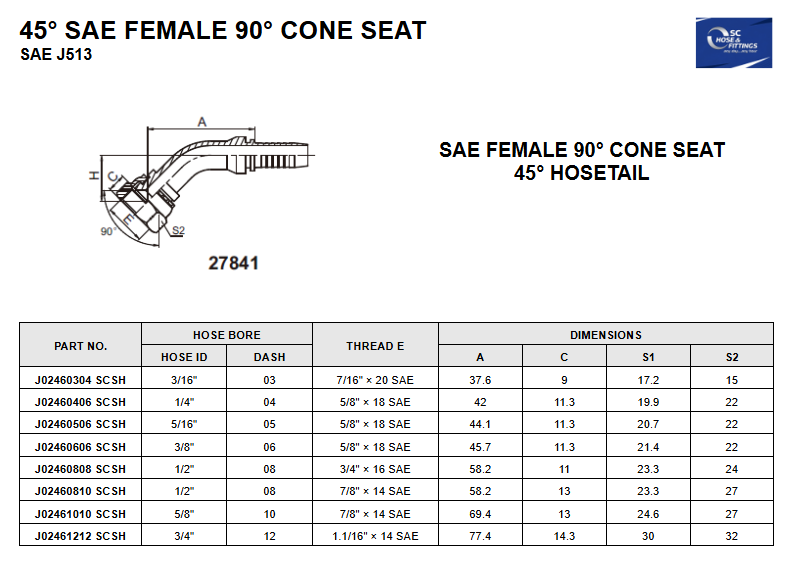 J0246 - SAE Female Swivel 45* 90* Cone